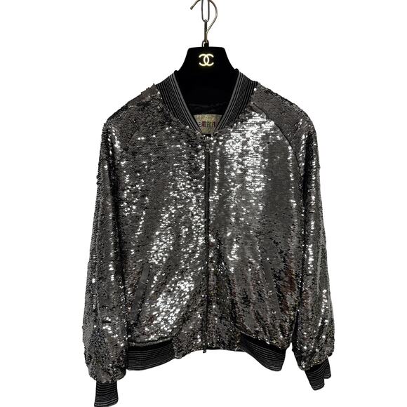 Libertine Jacket Womens Medium Silver Sequin Bomber Zip Handmade USA Riri Lined - Picture 1 of 14